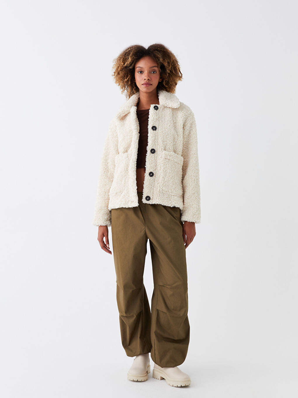 Ekru Gömlek Yaka Düz Uzun Kollu Kadın Teddy Kaban-2