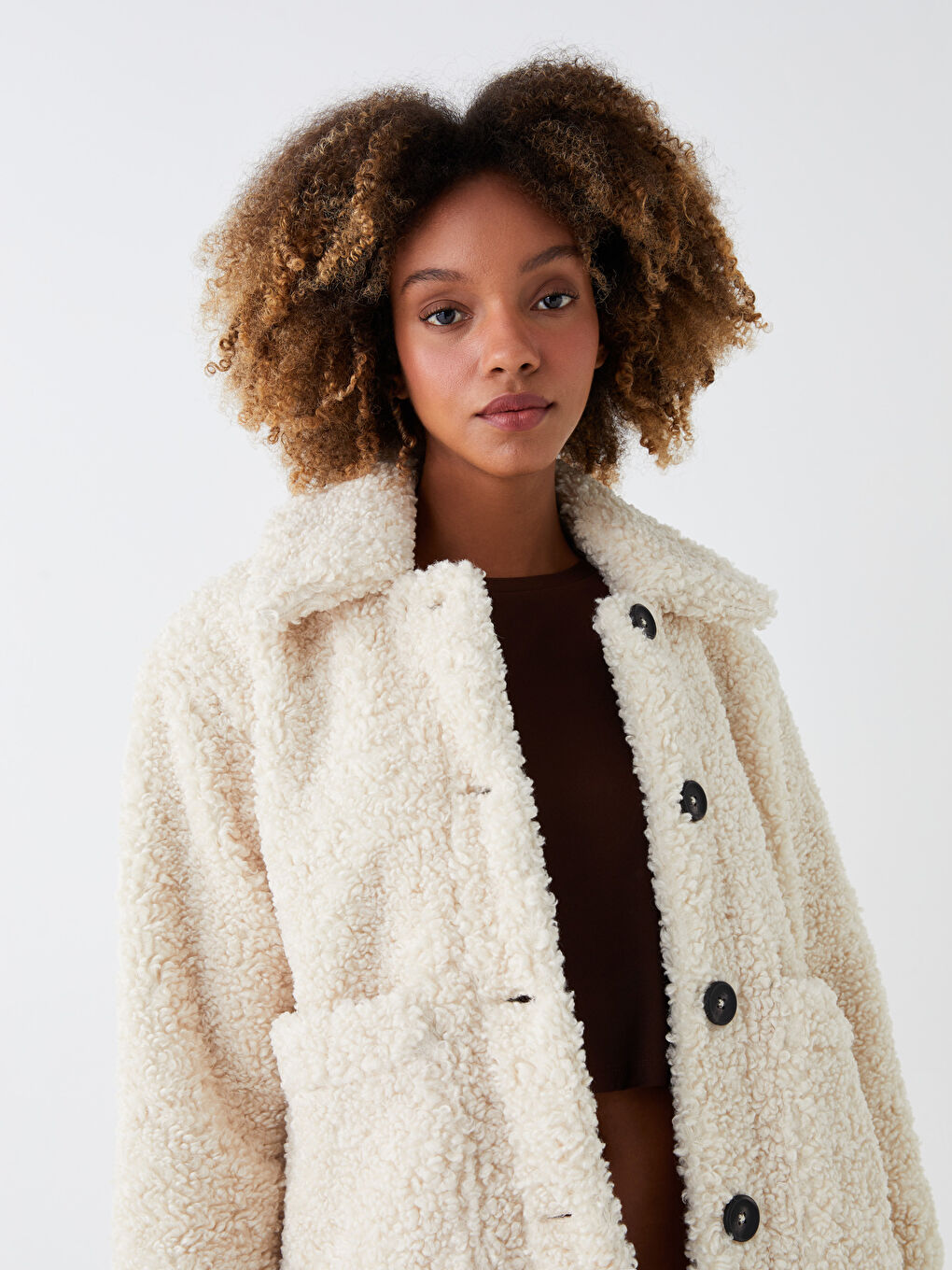 Ekru Gömlek Yaka Düz Uzun Kollu Kadın Teddy Kaban-3