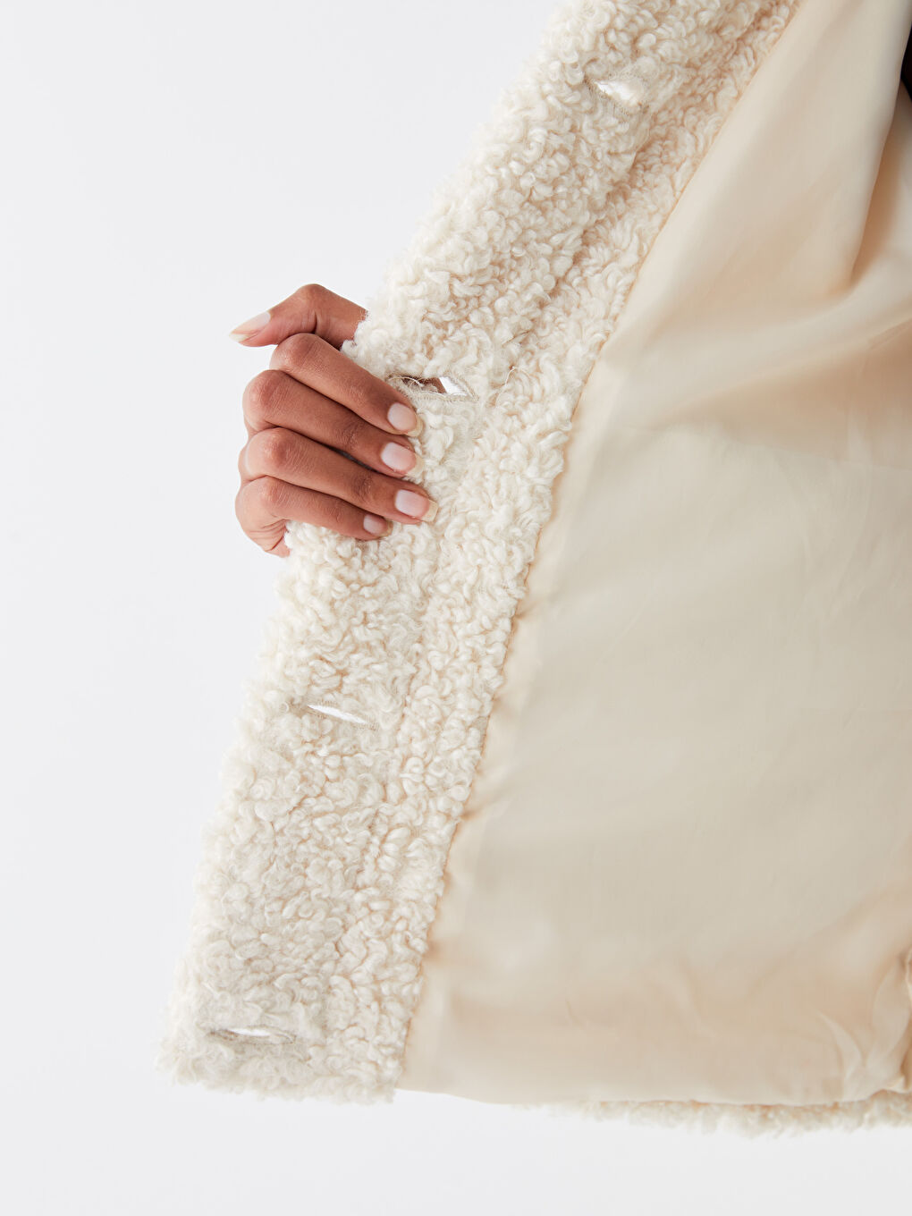 Ekru Gömlek Yaka Düz Uzun Kollu Kadın Teddy Kaban-5