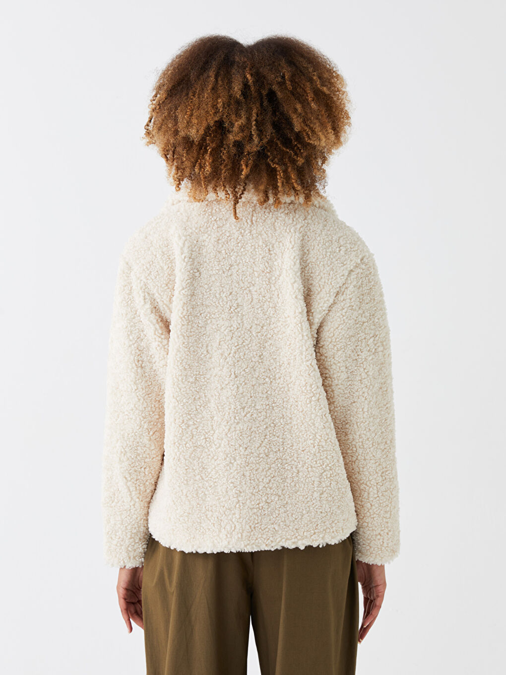 Ekru Gömlek Yaka Düz Uzun Kollu Kadın Teddy Kaban-6