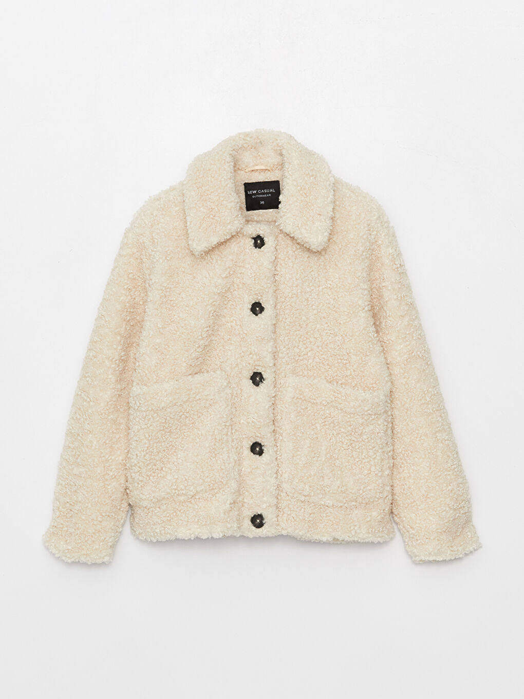 Ekru Gömlek Yaka Düz Uzun Kollu Kadın Teddy Kaban-7
