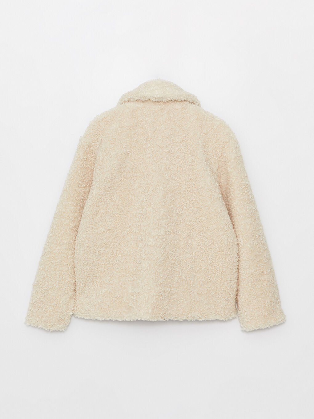 Ekru Gömlek Yaka Düz Uzun Kollu Kadın Teddy Kaban-9