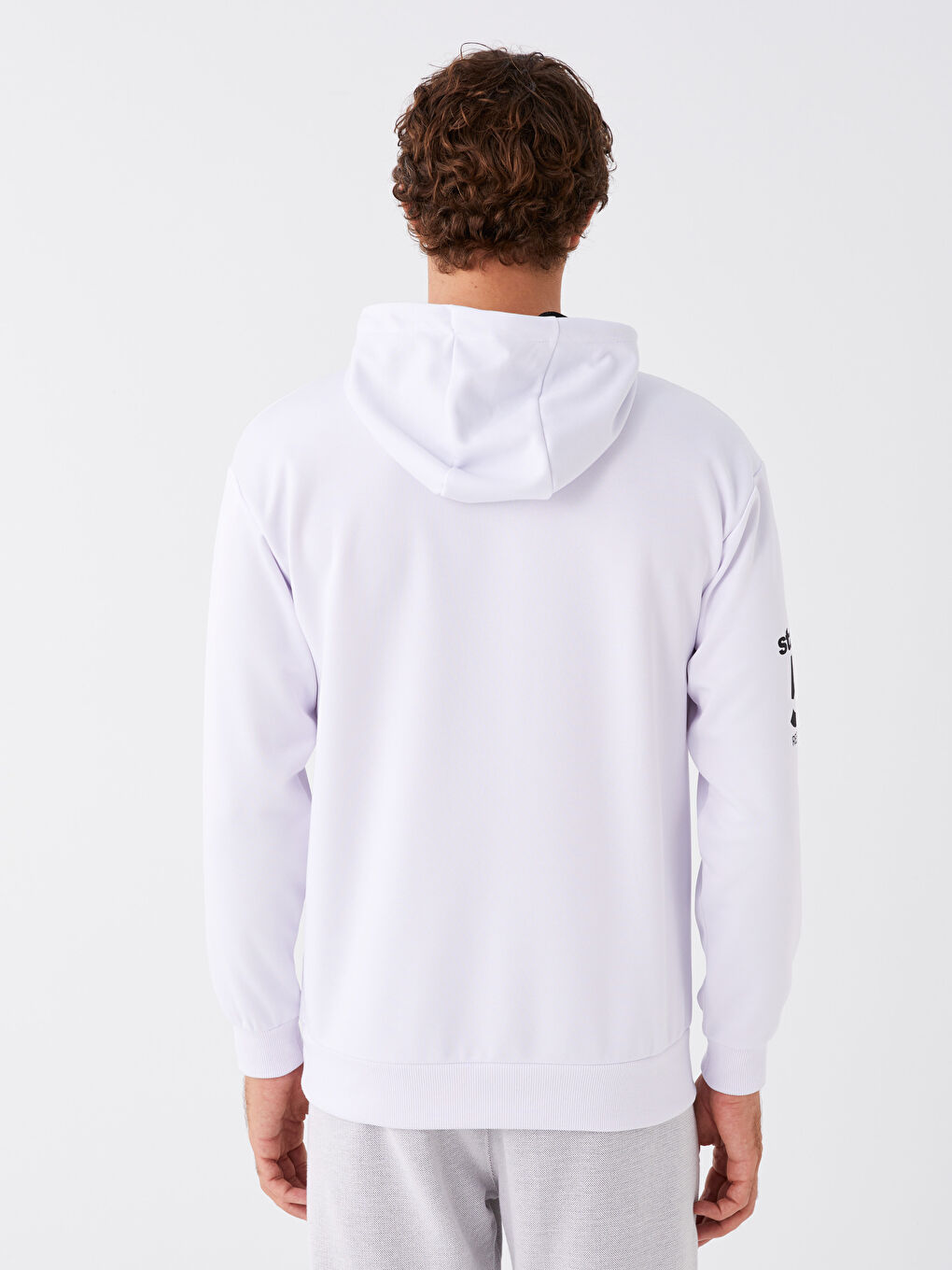 Beyaz Uzun Kollu Baskılı Erkek Hoodie-4