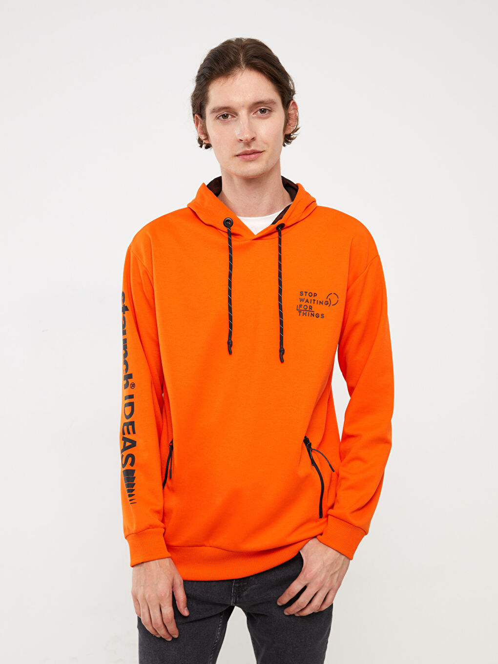 LCW Casual Canlı Turuncu Uzun Kollu Baskılı Erkek Hoodie - 1