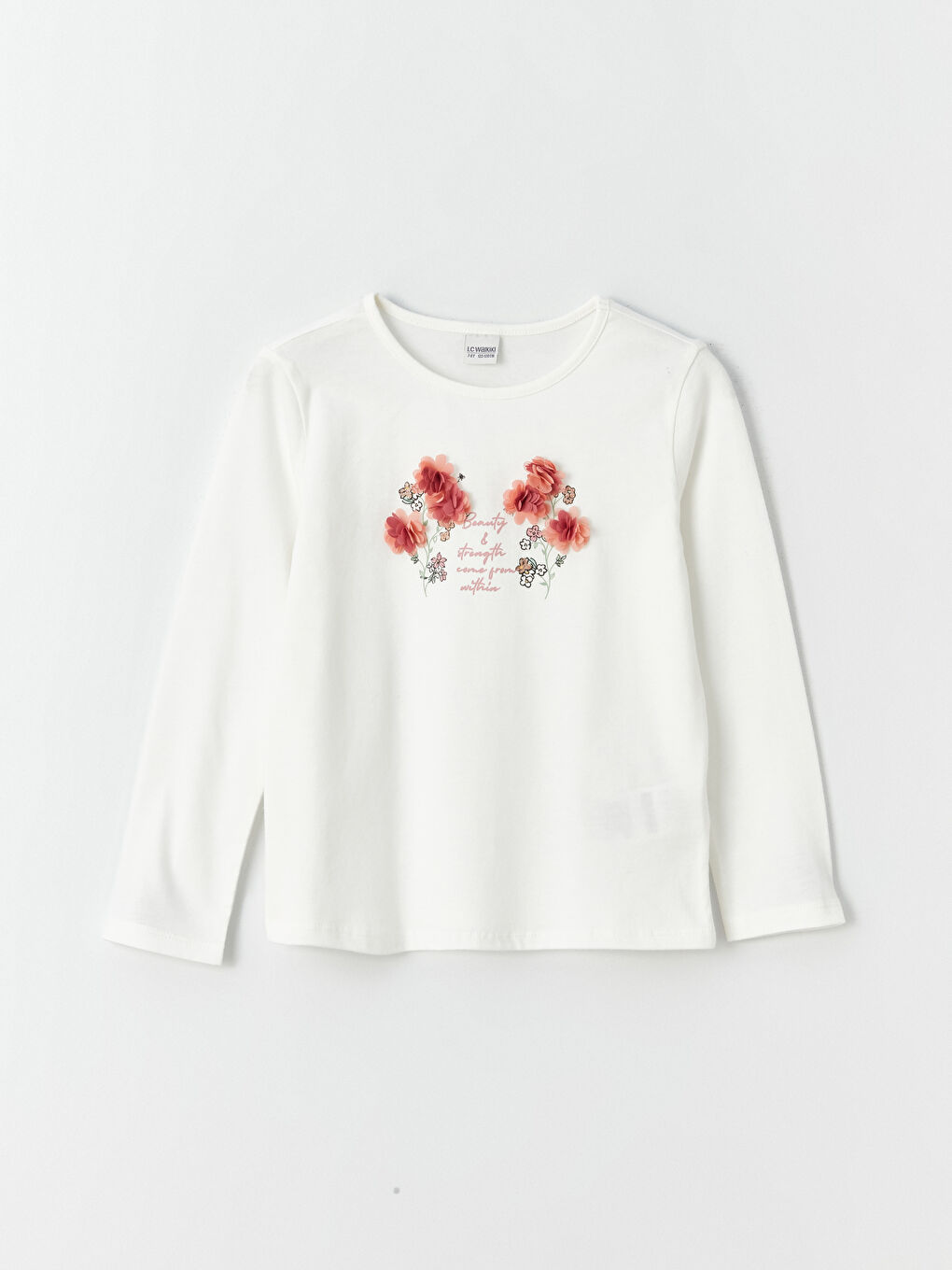 Ekru Bisiklet Yaka Baskılı Uzun Kollu Kız Çocuk Tişört