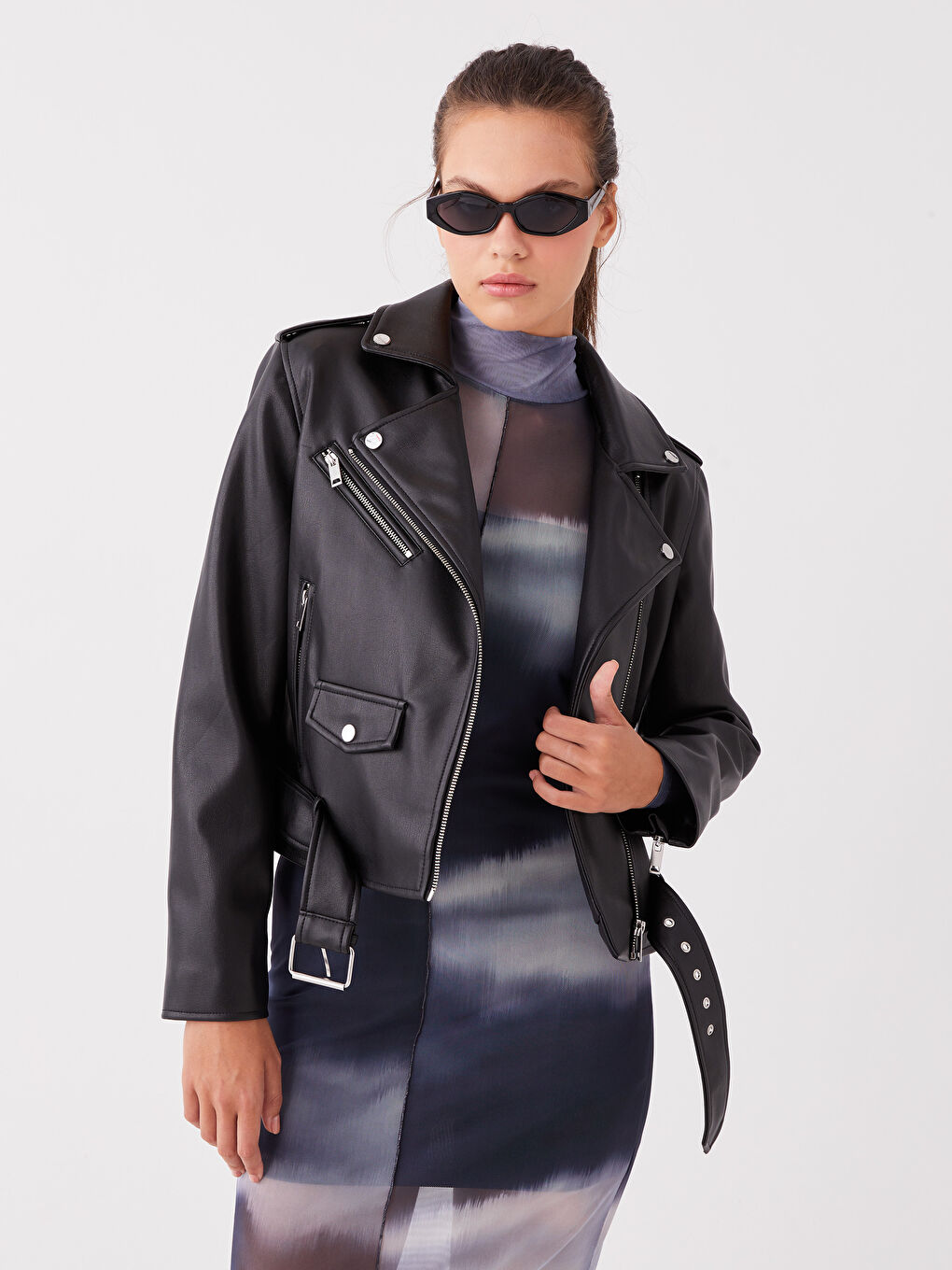 Jachetă din Piele Ecologică Simplă cu Guler Biker pentru Femei-1