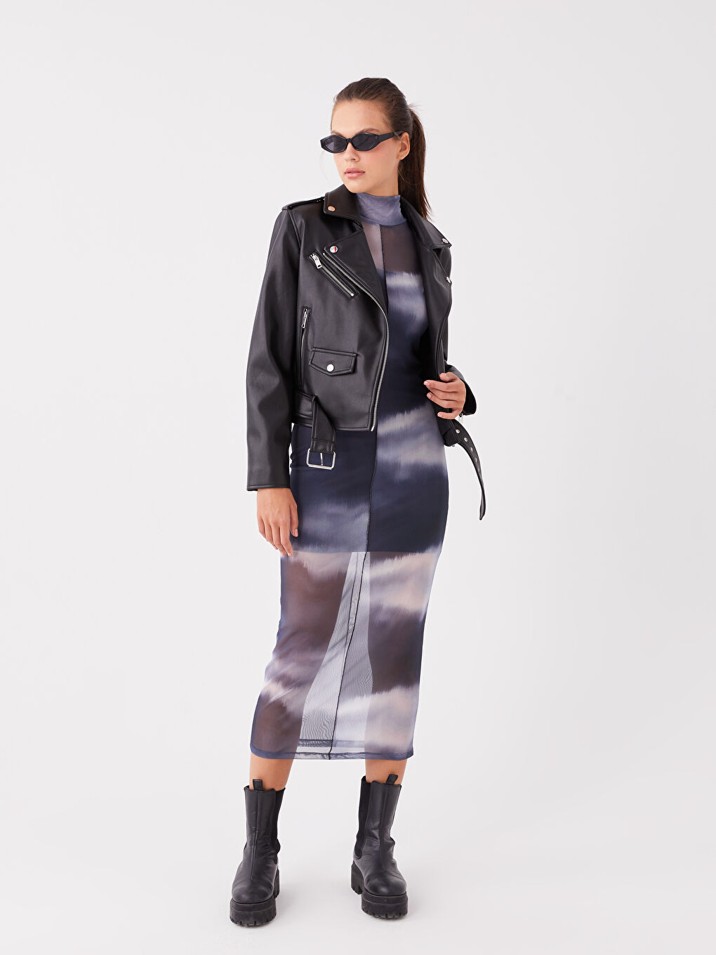 Jachetă din Piele Ecologică Simplă cu Guler Biker pentru Femei-3