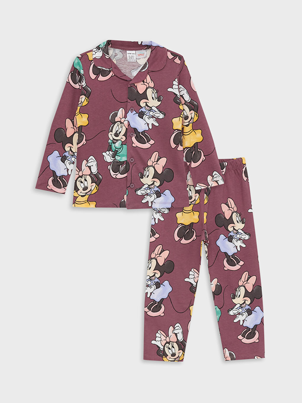 LCW baby Mor Baskılı Polo Yaka Uzun Kollu Minnie Mouse Baskılı Kız Bebek Pijama Takımı