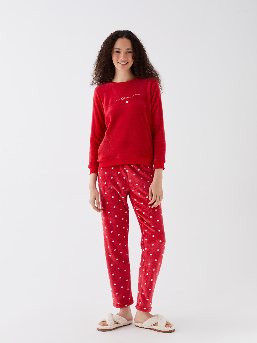 Kırmızı Bisiklet Yaka Baskılı Uzun Kollu Kadife Kadın Pijama Takımı-2