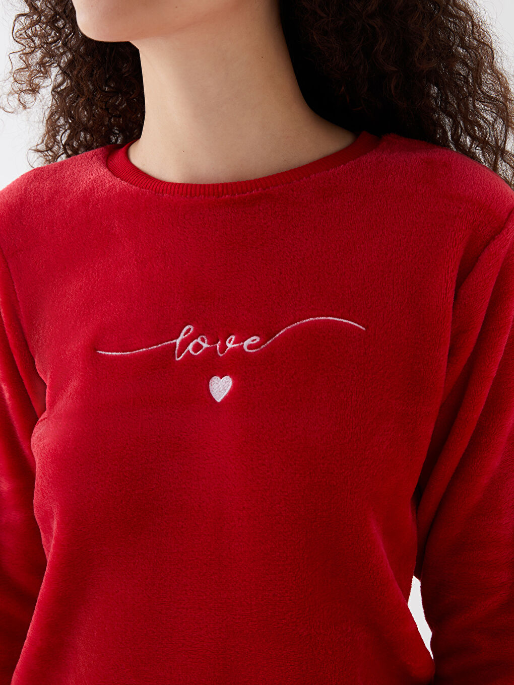 Kırmızı Bisiklet Yaka Baskılı Uzun Kollu Kadife Kadın Pijama Takımı-3