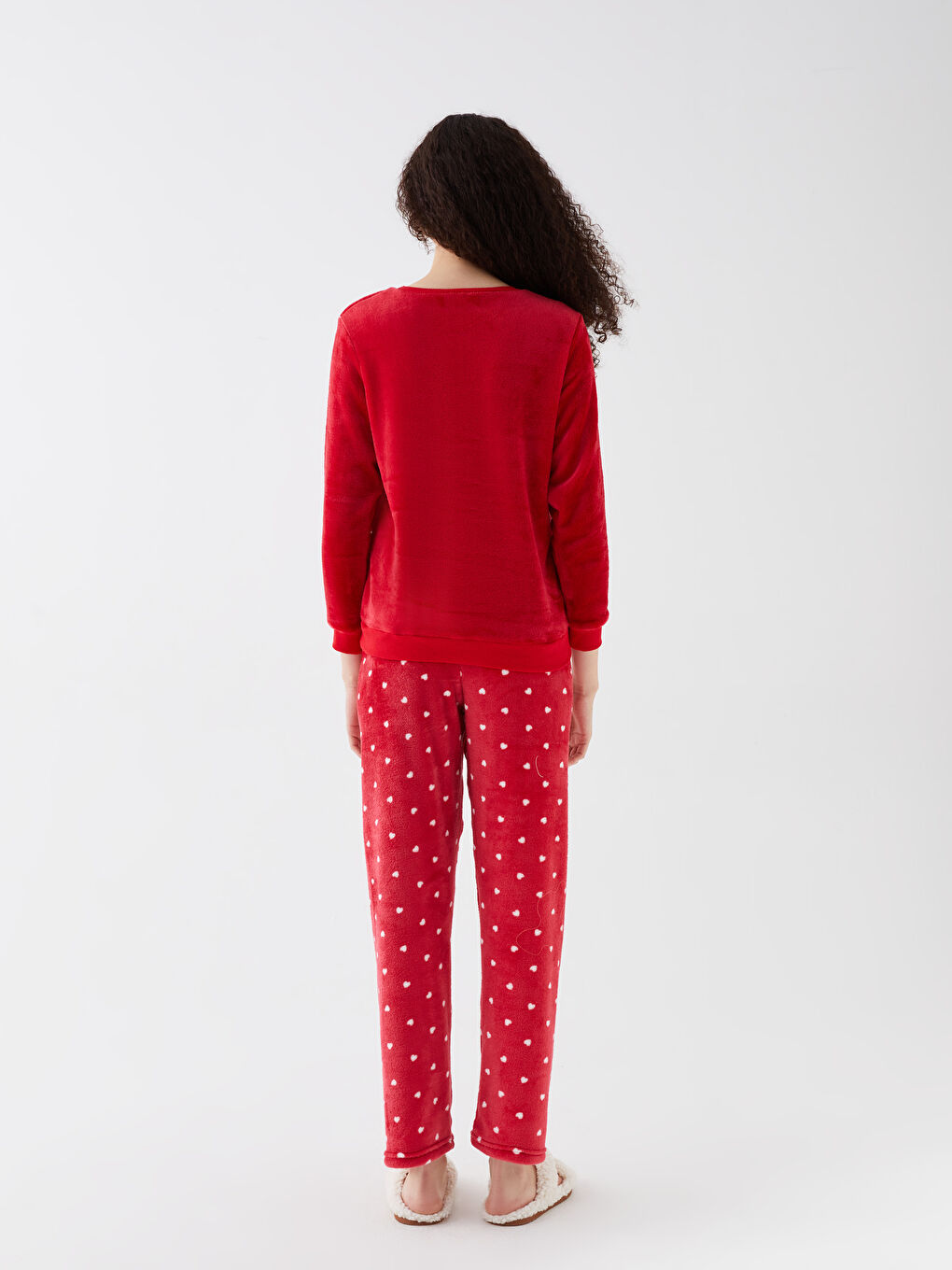 Kırmızı Bisiklet Yaka Baskılı Uzun Kollu Kadife Kadın Pijama Takımı-4