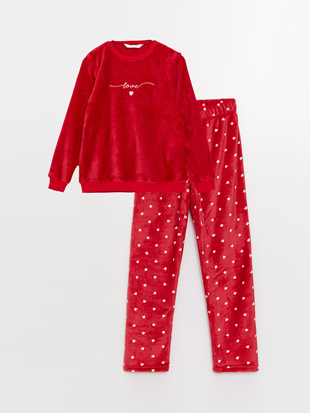 Kırmızı Bisiklet Yaka Baskılı Uzun Kollu Kadife Kadın Pijama Takımı-5