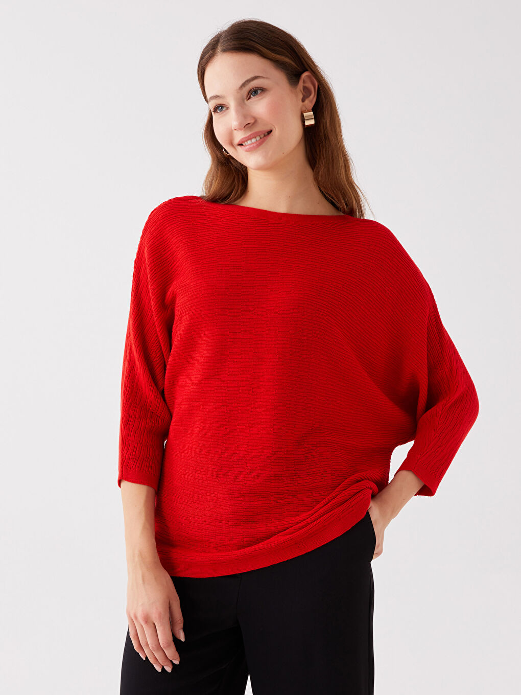 Kırmızı Kayık Yaka Düz Oversize Kadın Triko Kazak