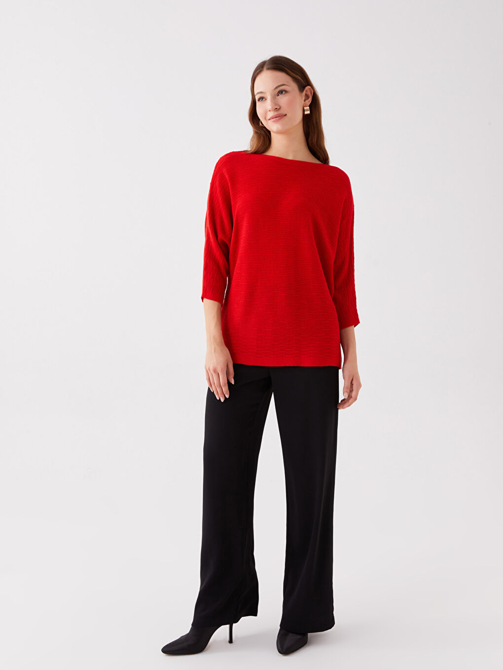 Kırmızı Kayık Yaka Düz Oversize Kadın Triko Kazak-2