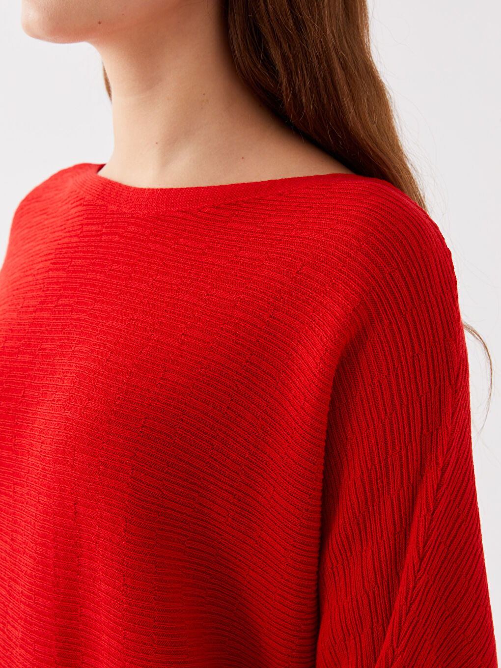 Kırmızı Kayık Yaka Düz Oversize Kadın Triko Kazak-3