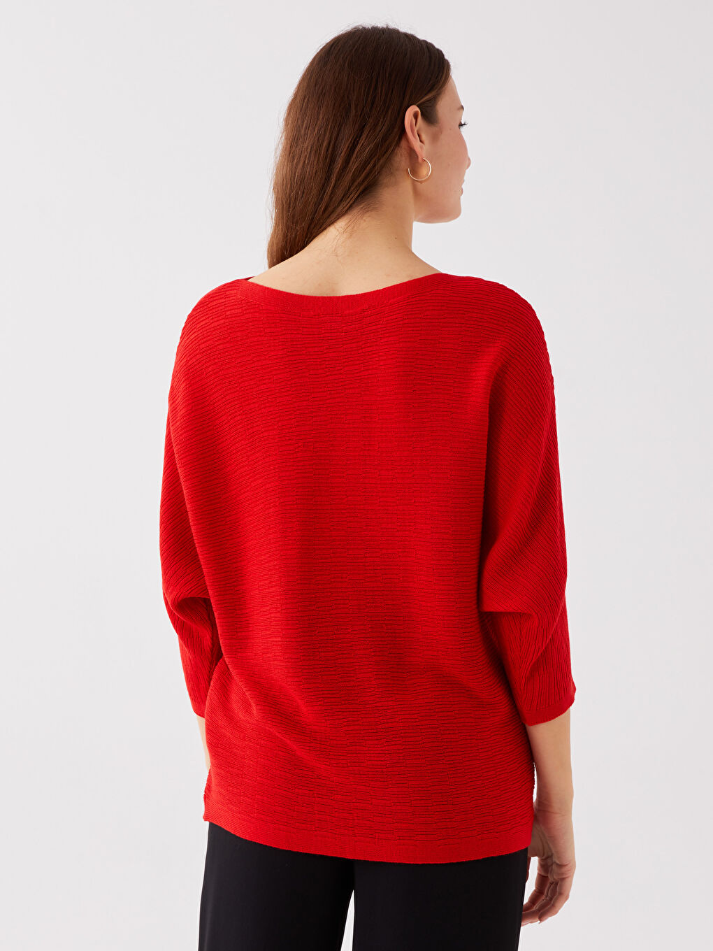 Kırmızı Kayık Yaka Düz Oversize Kadın Triko Kazak-4
