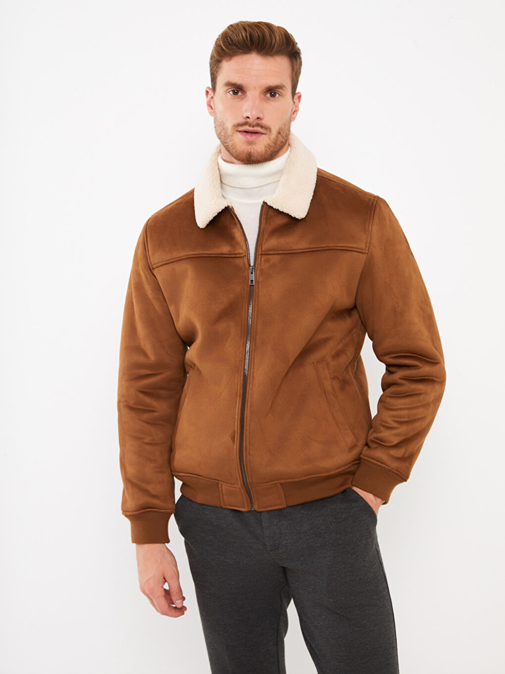 Bej Standart Kalıp Gömlek Yaka Süet Erkek Mont