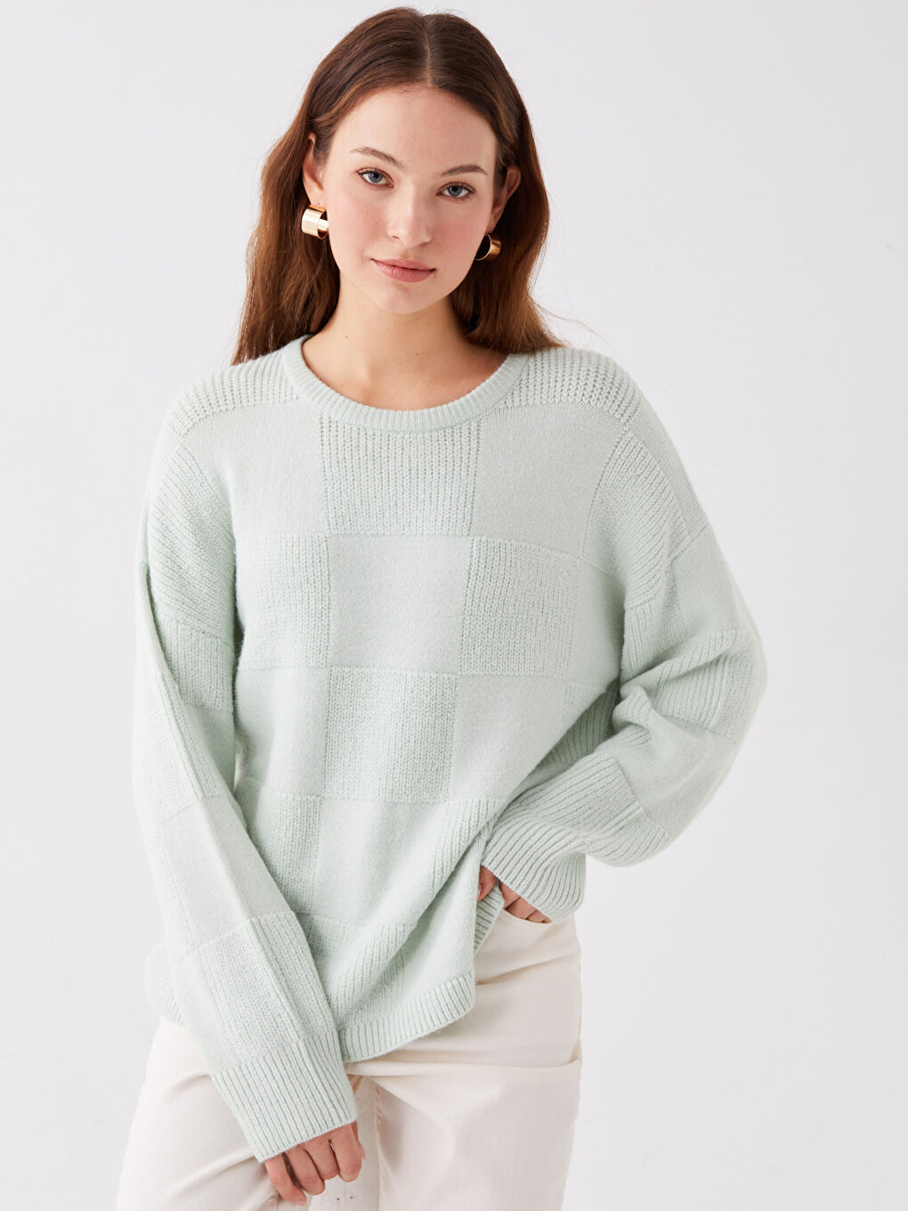LCWAIKIKI Basic Bisiklet Yaka Kendinden Desenli Oversize Kadın Triko Kazak -W34284Z8-FTU