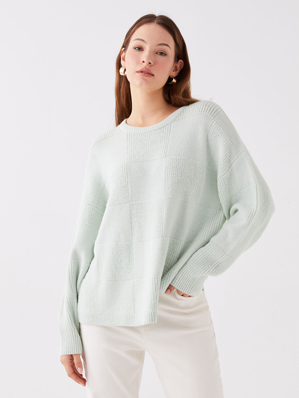 LCWAIKIKI Basic Bisiklet Yaka Kendinden Desenli Oversize Kadın Triko Kazak -W34284Z8-FTU