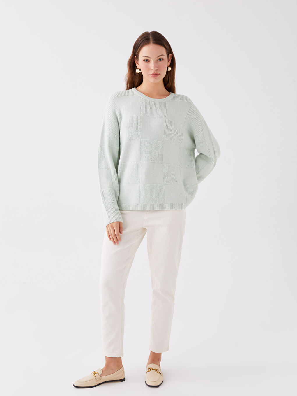 LCWAIKIKI Basic Bisiklet Yaka Kendinden Desenli Oversize Kadın Triko Kazak -W34284Z8-FTU