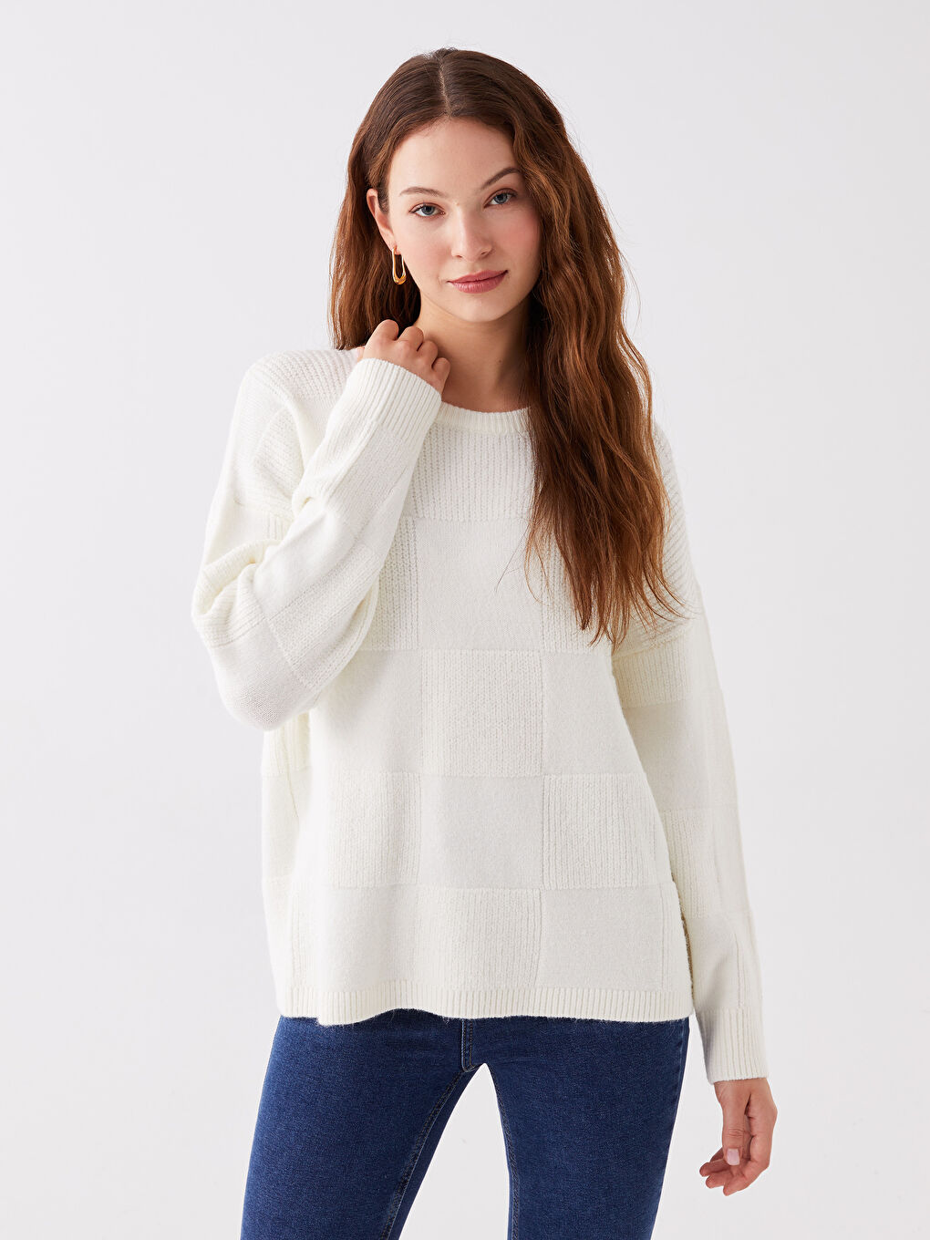 LCWAIKIKI Basic Crew Neck Self-Patterned Oversize Women's Knitwear Sweater -W34284Z8-V9H