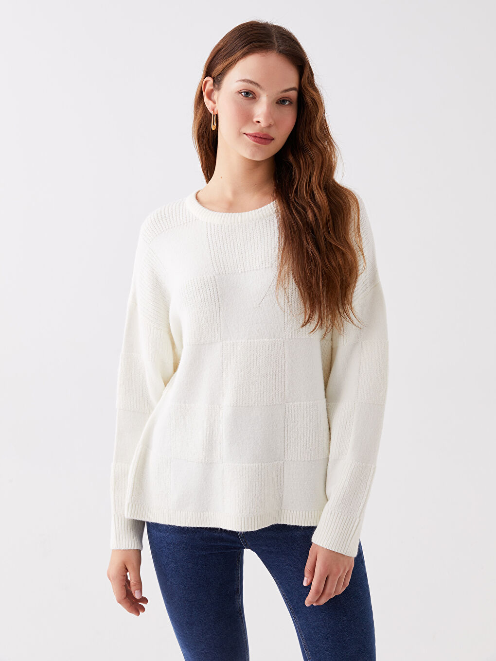 LCWAIKIKI Basic Crew Neck Self-Patterned Oversize Women's Knitwear Sweater -W34284Z8-V9H