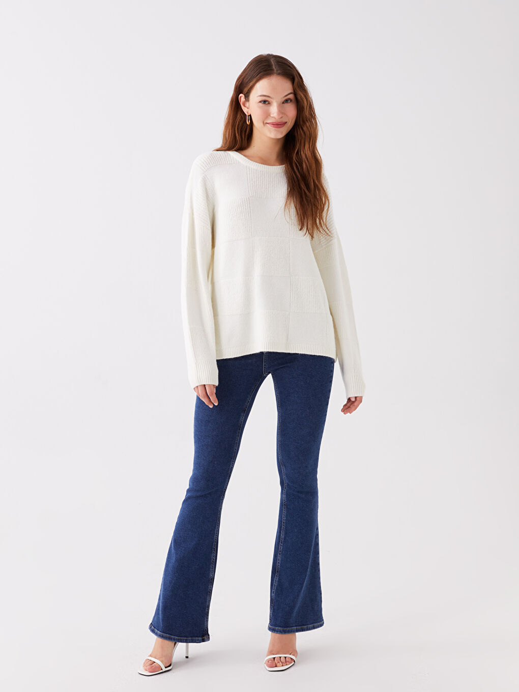 LCWAIKIKI Basic Crew Neck Self-Patterned Oversize Women's Knitwear Sweater -W34284Z8-V9H