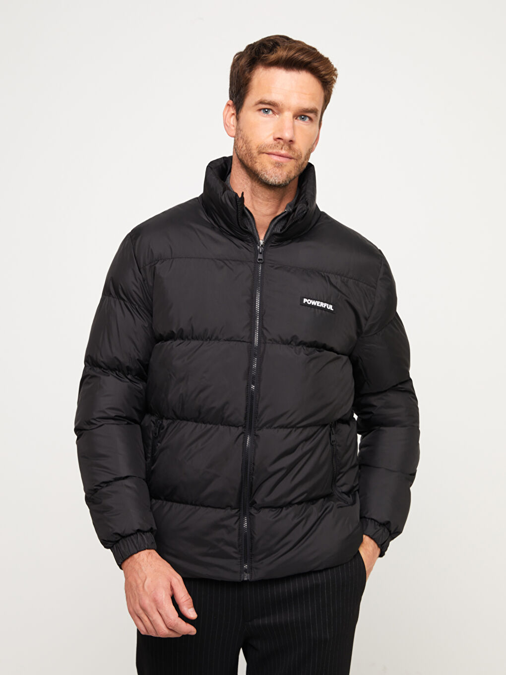 Siyah Standart Kalıp Dik Yaka Erkek Şişme Mont