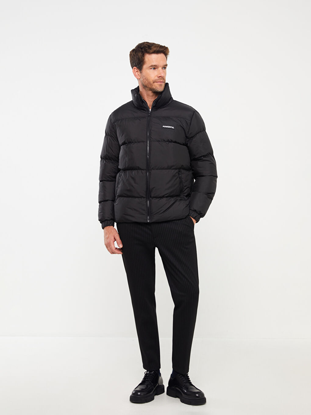 Siyah Standart Kalıp Dik Yaka Erkek Şişme Mont-2