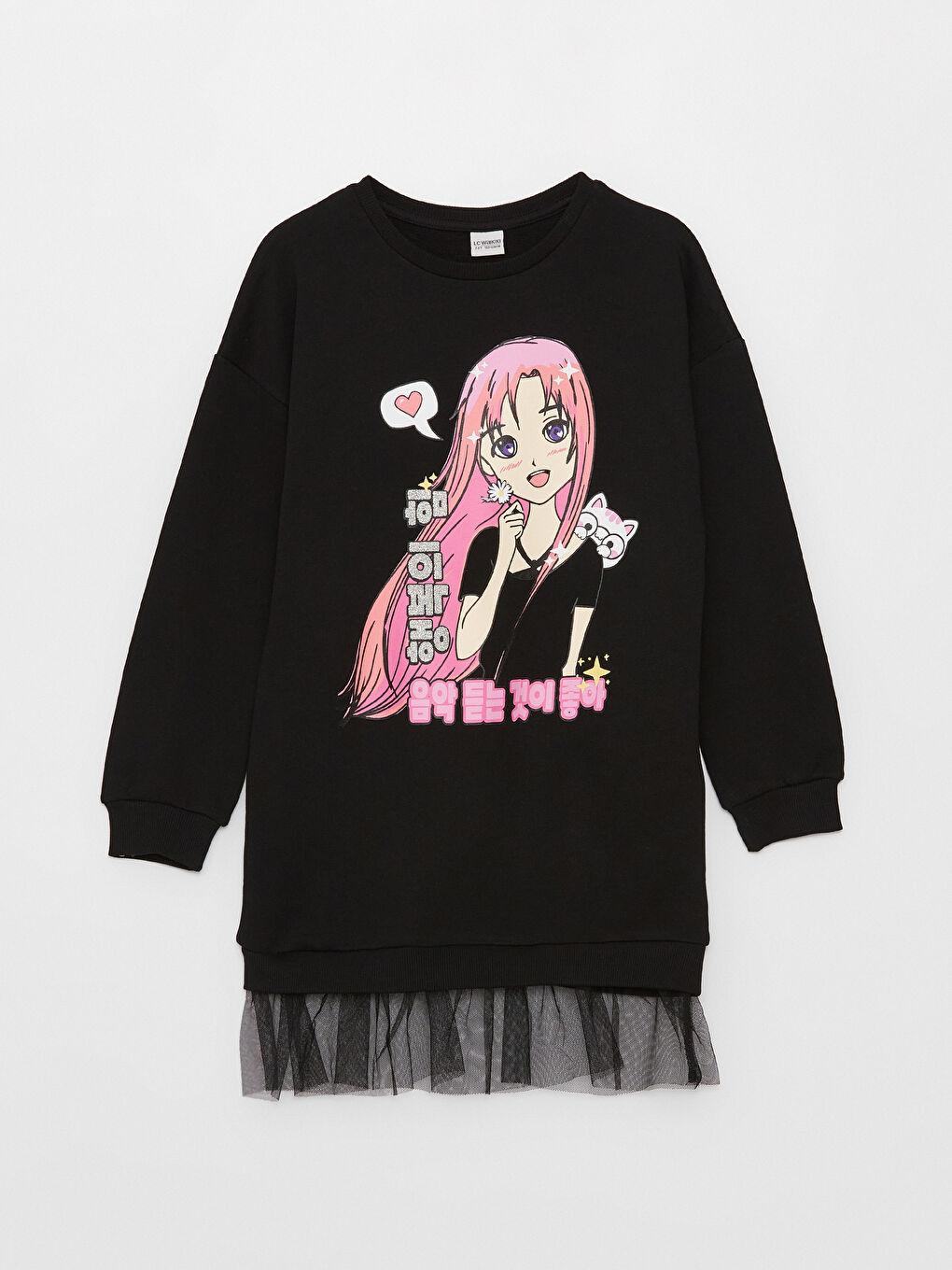 Siyah Bisiklet Yaka Baskılı Uzun Kollu Kız Çocuk Elbise