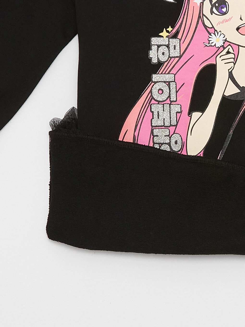 Siyah Bisiklet Yaka Baskılı Uzun Kollu Kız Çocuk Elbise-1