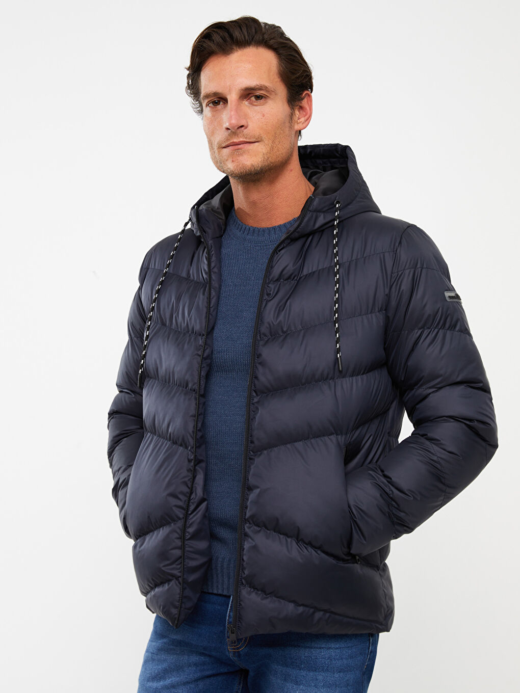 Lacivert Standart Kalıp Kapüşonlu Erkek Şişme Mont