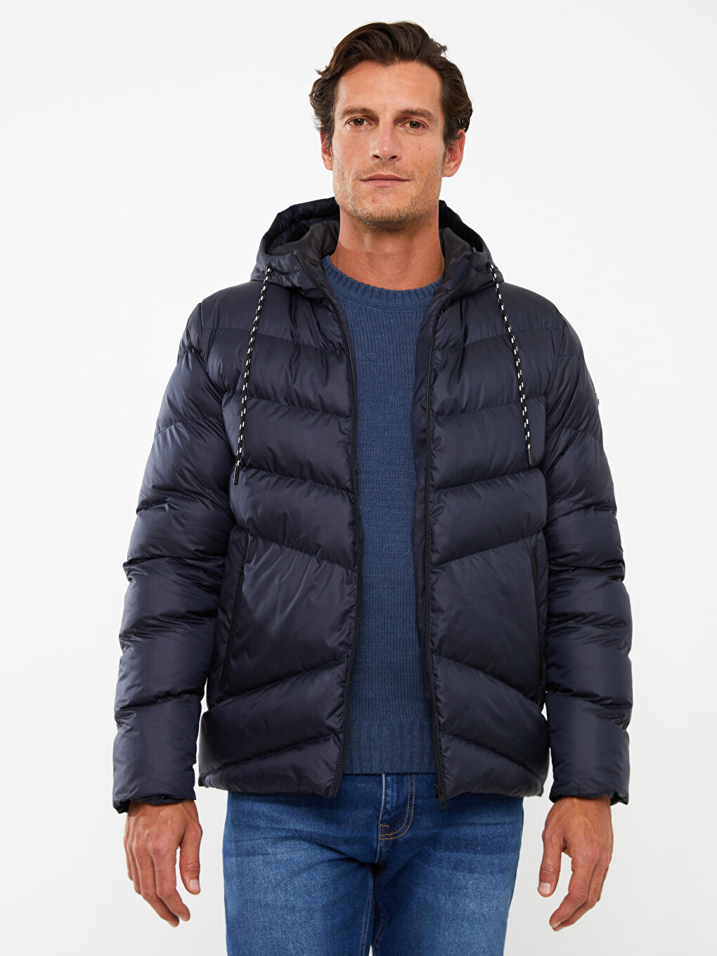 Lacivert Standart Kalıp Kapüşonlu Erkek Şişme Mont-1