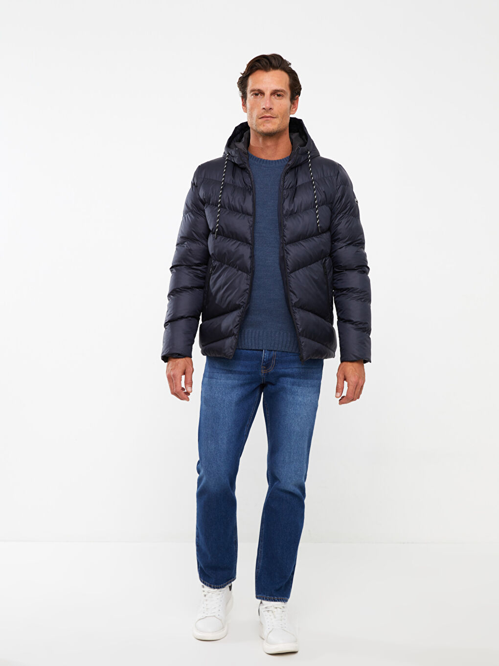 Lacivert Standart Kalıp Kapüşonlu Erkek Şişme Mont-2