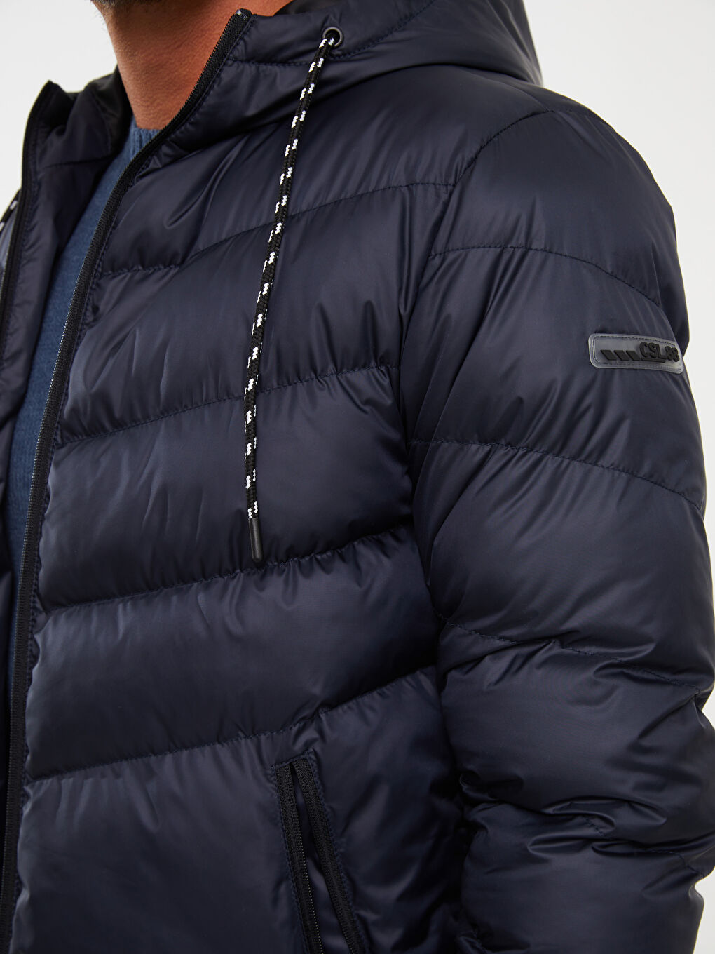 Lacivert Standart Kalıp Kapüşonlu Erkek Şişme Mont-3