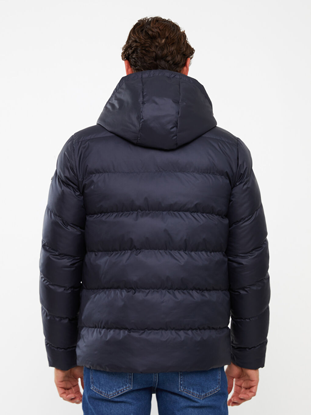 Lacivert Standart Kalıp Kapüşonlu Erkek Şişme Mont-5