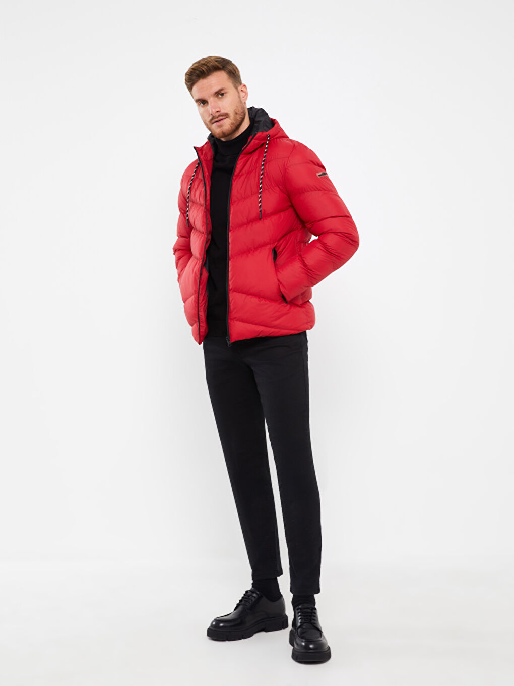 Kırmızı Standart Kalıp Kapüşonlu Erkek Şişme Mont-2
