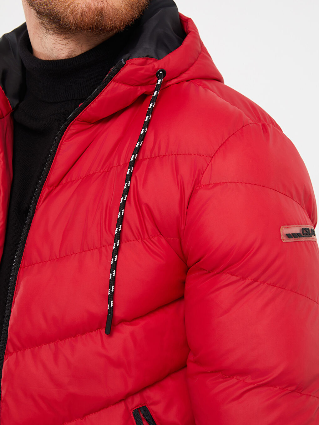 Kırmızı Standart Kalıp Kapüşonlu Erkek Şişme Mont-4