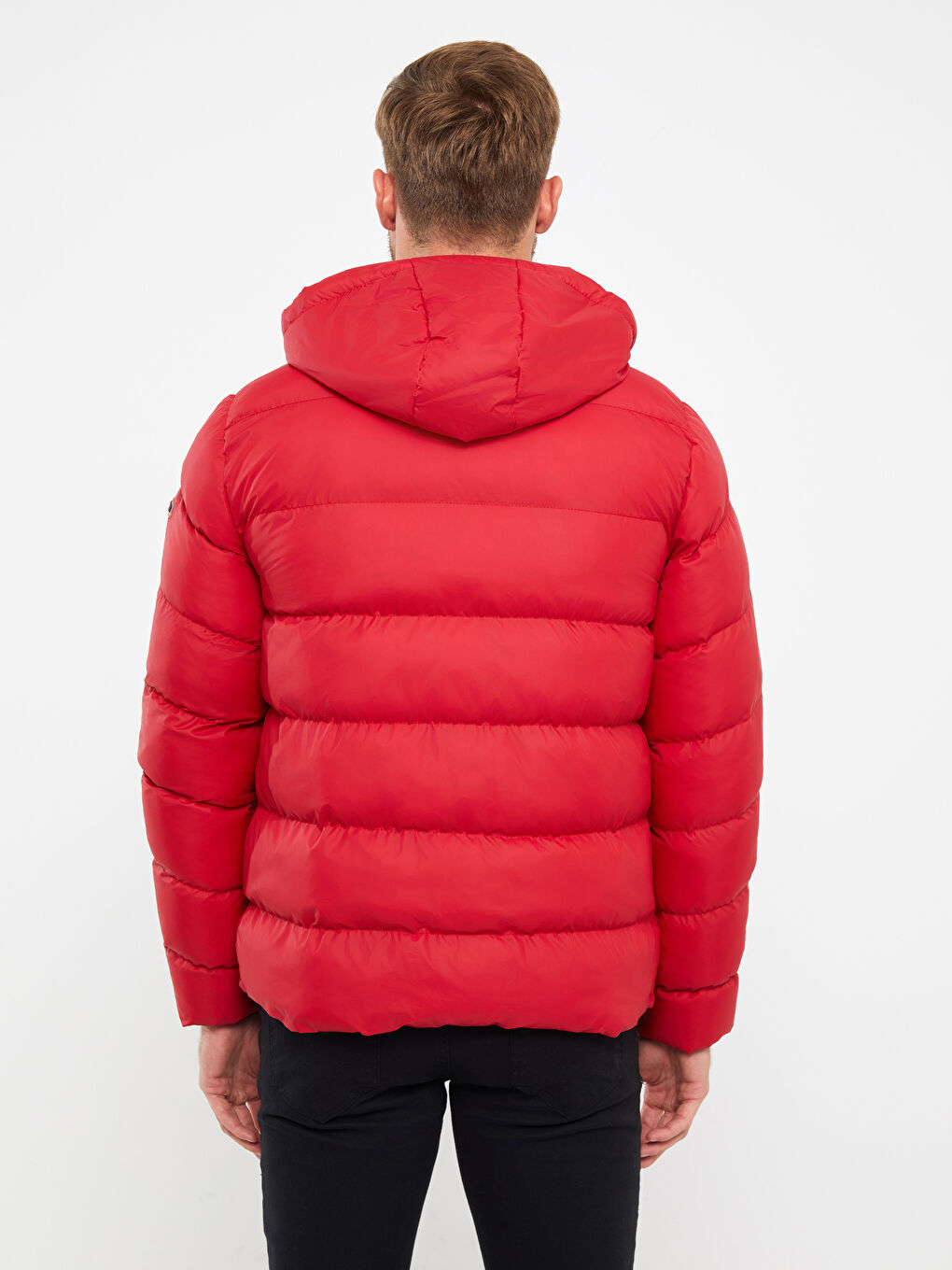 Kırmızı Standart Kalıp Kapüşonlu Erkek Şişme Mont-5