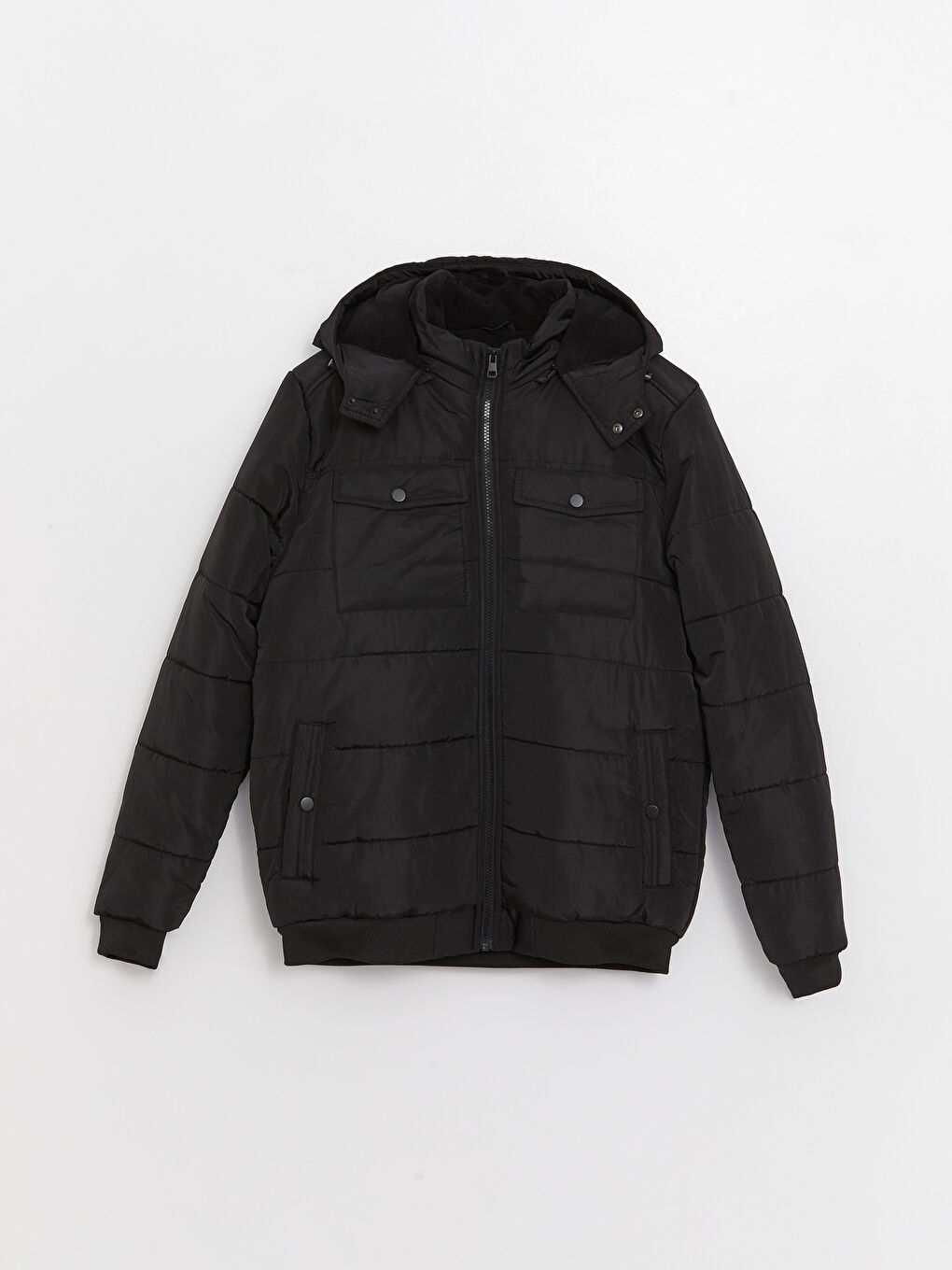 Siyah Standart Kalıp Kapüşonlu Erkek Şişme Mont-6