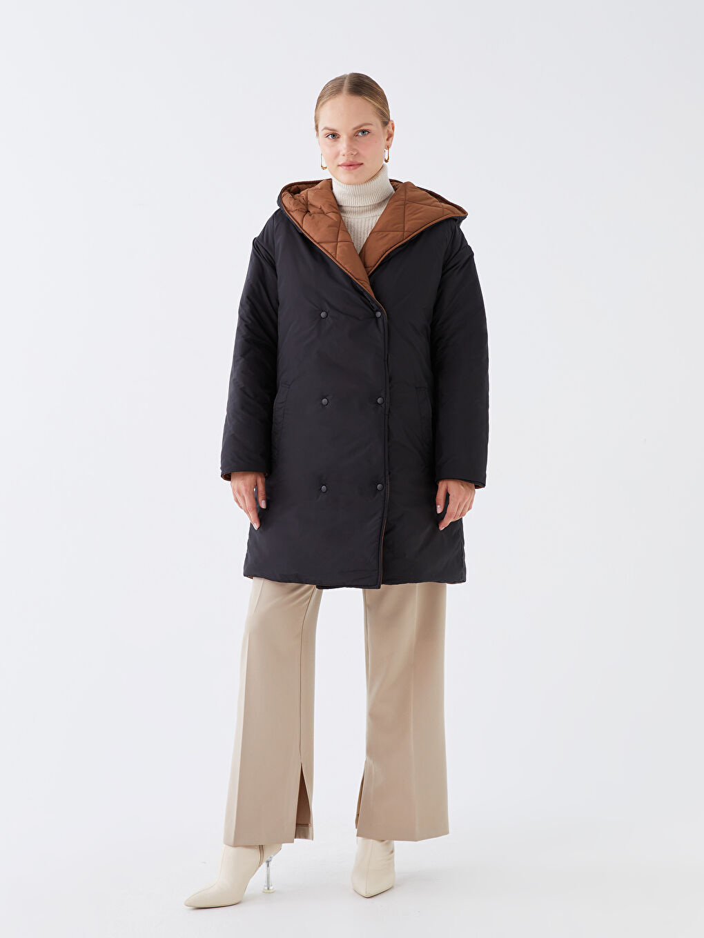 معطف سميك مبطّن قابل للعكس بقبّ نساء-6