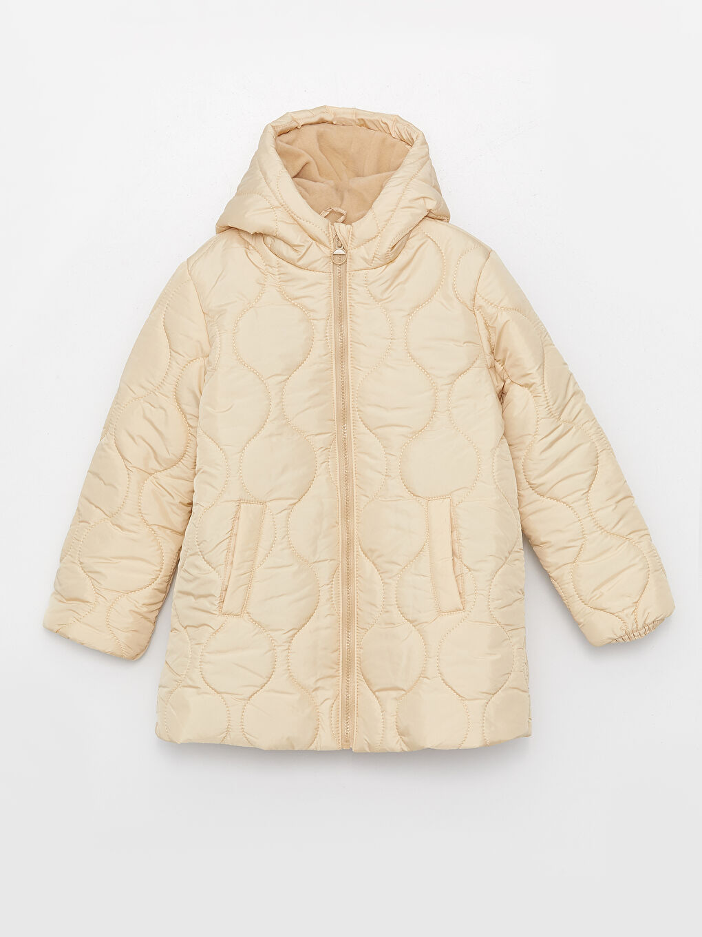 Bej Kapüşonlu Kapitone Desenli Kız Çocuk Mont