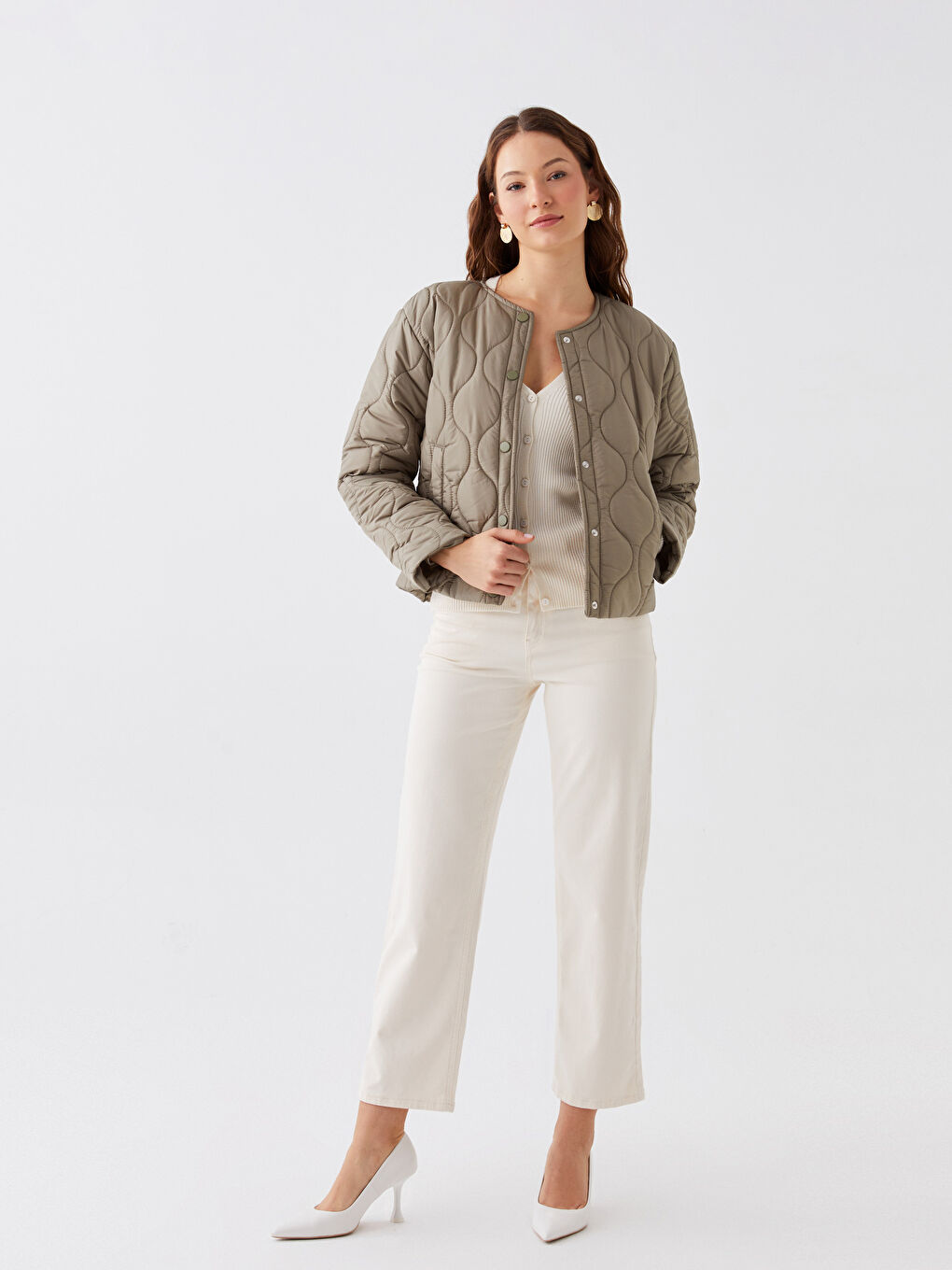 Haki Bisiklet Yaka Kendinden Desenli Uzun Kollu Kadın Mont-1