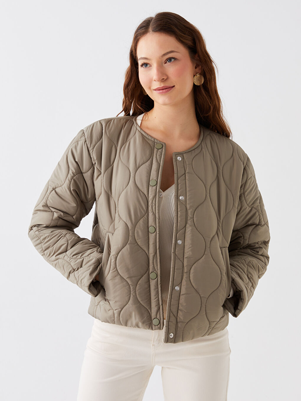 Haki Bisiklet Yaka Kendinden Desenli Uzun Kollu Kadın Mont-2