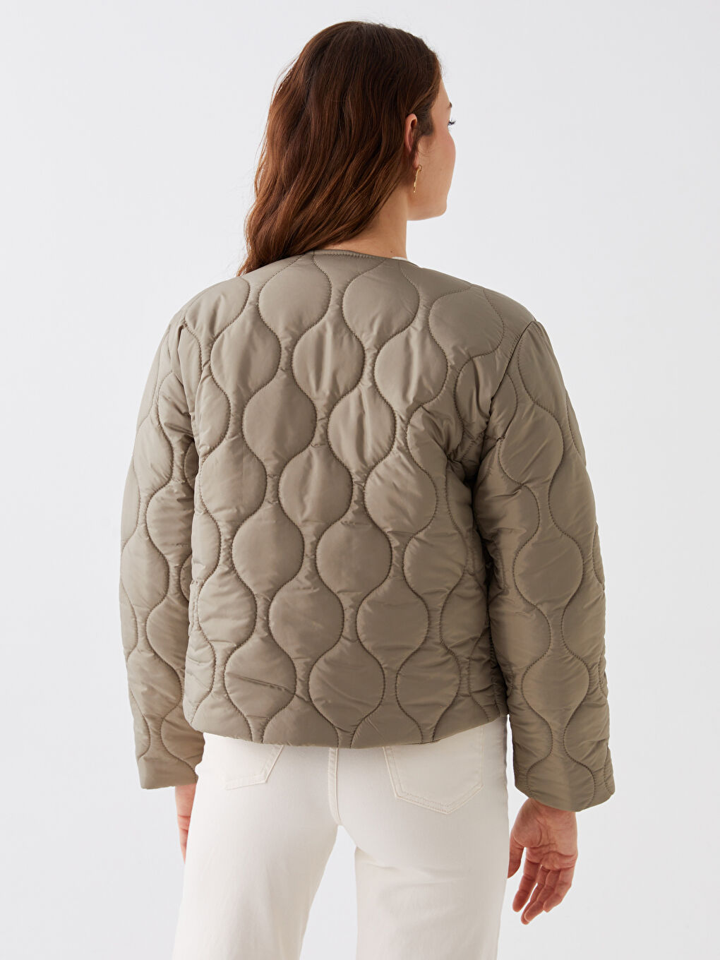 Haki Bisiklet Yaka Kendinden Desenli Uzun Kollu Kadın Mont-5