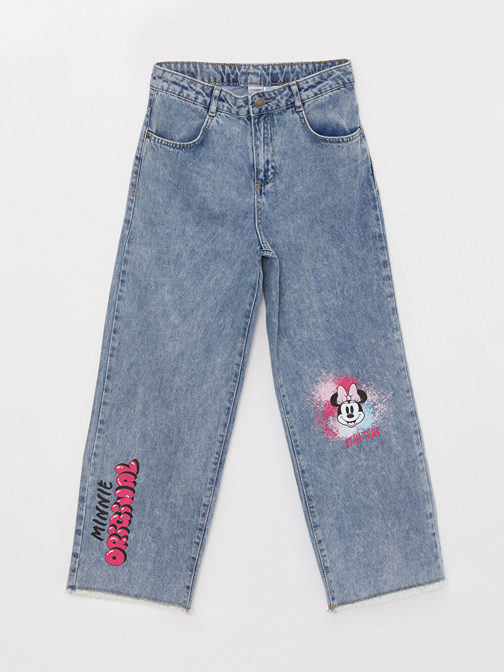 LCW Kids Açık Mavi Asit Yıkamalı Wideleg Minnie Mouse Baskılı Kız Çocuk Jean Pantolon