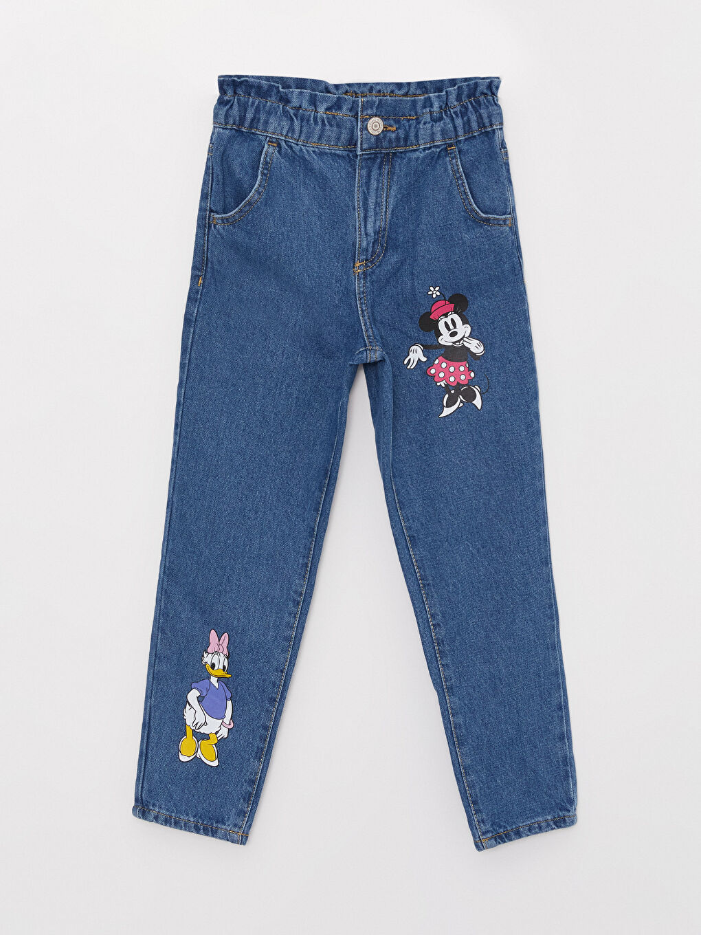 LCW Kids Orta İndigo Rodeo Paperbag Fit Minnie Mouse Baskılı Kız Çocuk Jean Pantolon