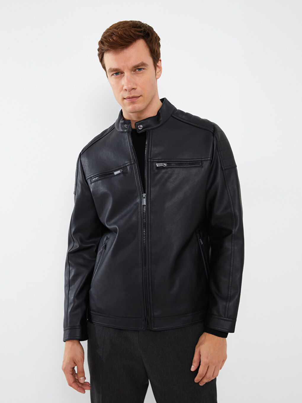 Standard Fit Biker Neck Men's Leather Look Coat