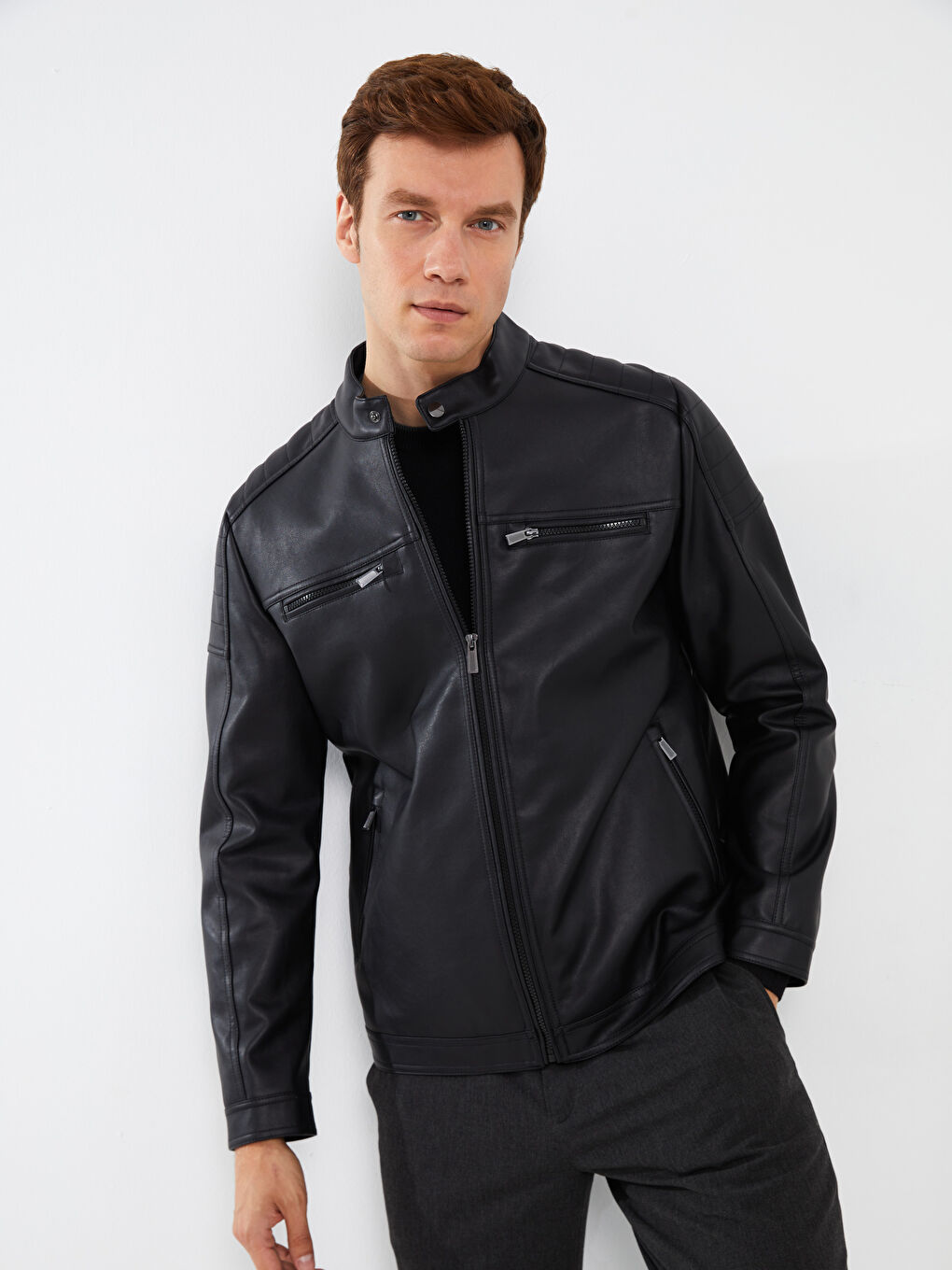 Standard Fit Biker Neck Men's Leather Look Coat-1