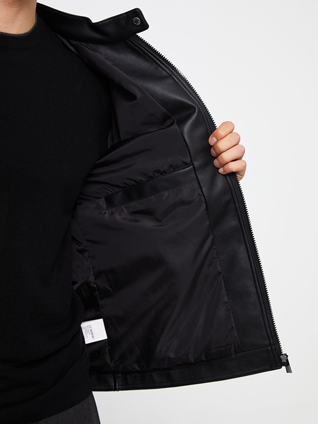 Standard Fit Biker Neck Men's Leather Look Coat-3